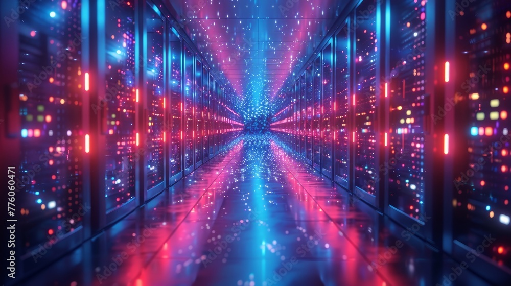 Poster an abstract interior design of a server room in a data center. digital electronic equipment hanging 