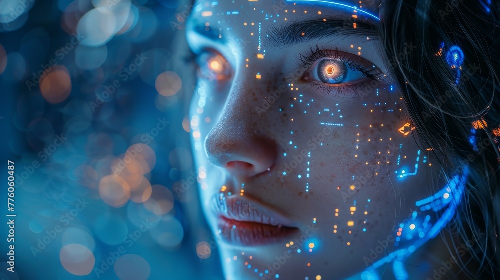 Aufkleber In the image artificial intelligence is presented in the form of a beautiful robot woman floating in zero gravity among data charts and diagrams, surrounded by neural networks.