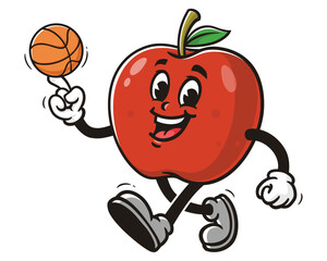Apple playing basketball cartoon mascot illustration character vector clip art hand drawn
