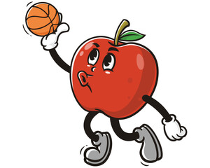 Apple playing slam dunk basketball cartoon mascot illustration character vector clip art hand drawn