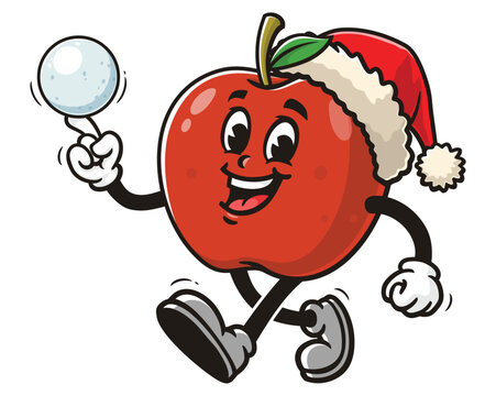 Apple wear Christmas hats and play snowballs cartoon mascot illustration character vector clip art hand drawn