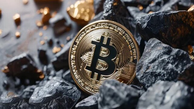 Shiny golden Currency with Bitcoin symbol. Cripto money, e-commerce finance virtual digital exchange concept. Gold sparkles on dark background