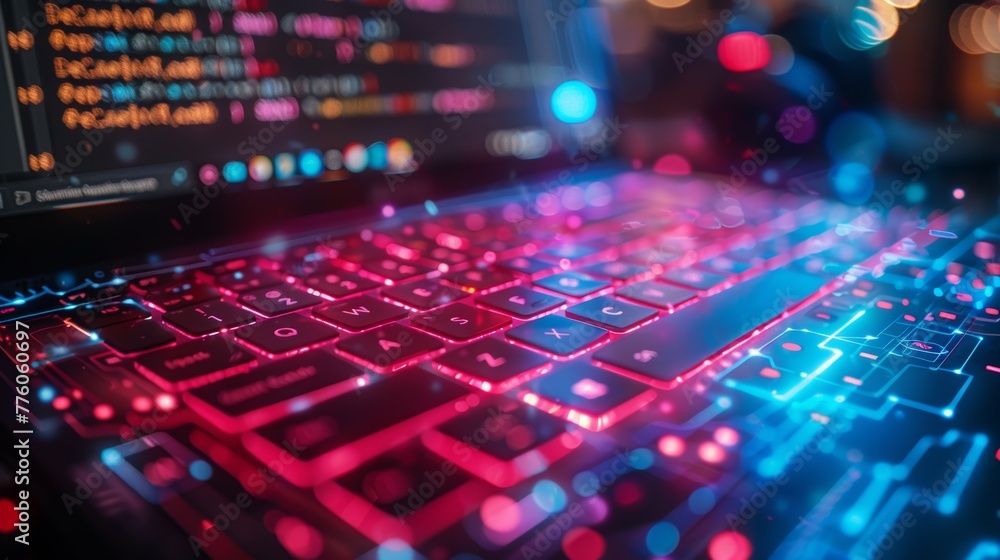Poster The concept of an online webinar for technology web development. Laptop with educational materials and interactive programm interfaces. Online tutorial of programming artificial intelligence.