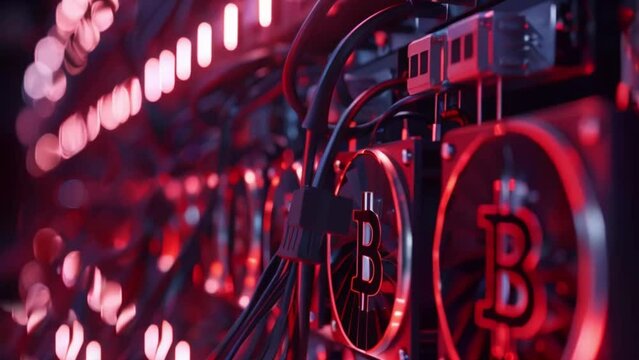 Mining equipment racks mine cryptocurrency. Blockchain technology application-specific integrated circuit data center. Server room. Cripto money, e-commerce finance virtual digital exchange concept.