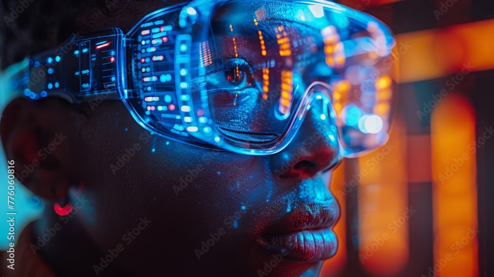 Poster A man is wearing a headset coding a program in Virtual Reality interface. A software developer is coding a program in a programming environment. A man is working in a futuristic computer technology