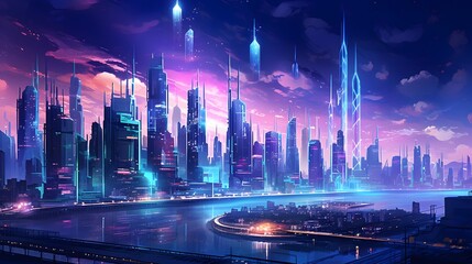 Futuristic city panorama with illuminated skyscrapers and river at night