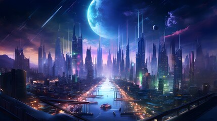 Futuristic city at night with moon and stars, panorama