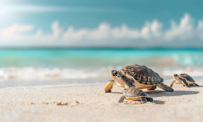 A beautiful beach white sand beach and turquoise water with turtle family. Holiday summer beach background.  - 776061090