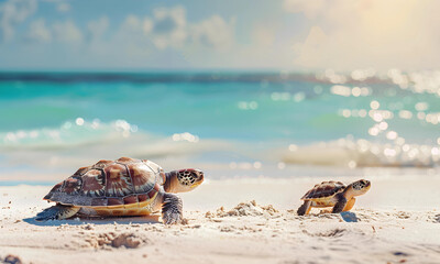 A beautiful beach white sand beach and turquoise water with turtle family. Holiday summer beach background.  - 776061094