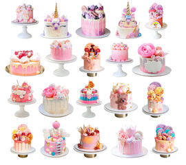 Ultimate set of different beautiful pink colored modern cakes. Delicious and tender desserts for any occasions. PNG, copy space