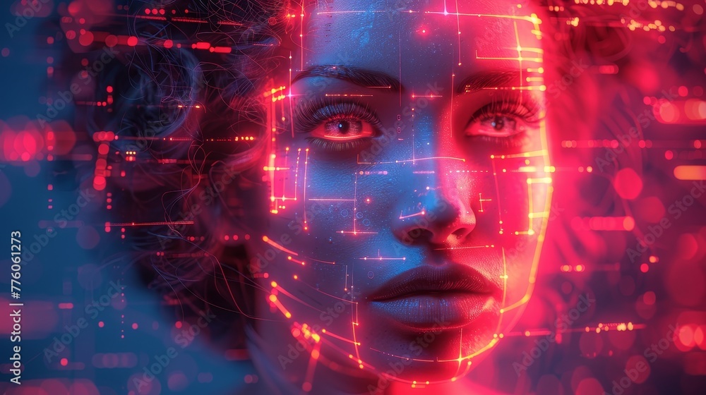 Poster Computer digital futuristic neon square frame with AI face in cyberspace. Artificial intelligence head. Abstract digital computer tech banner with AI face.