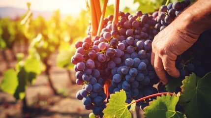 Farmer hands picking up grapes in the vineyard - obrazy, fototapety, plakaty