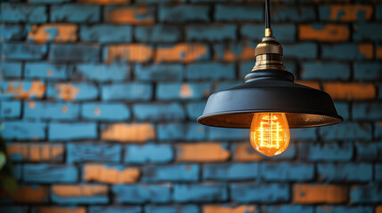 Fototapeta na wymiar Hanging spotlight illuminate at brick wall background with copy space.