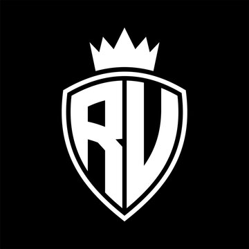recommend clip art: RU Letter monogram shield and crown outline shape with black and white color design