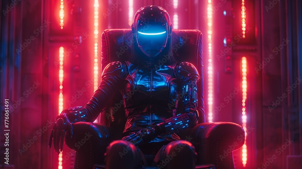 Leinwandbilder robot female queen sits on throne. beautiful cyborg woman with ai on podium in cyberspace. artificia
