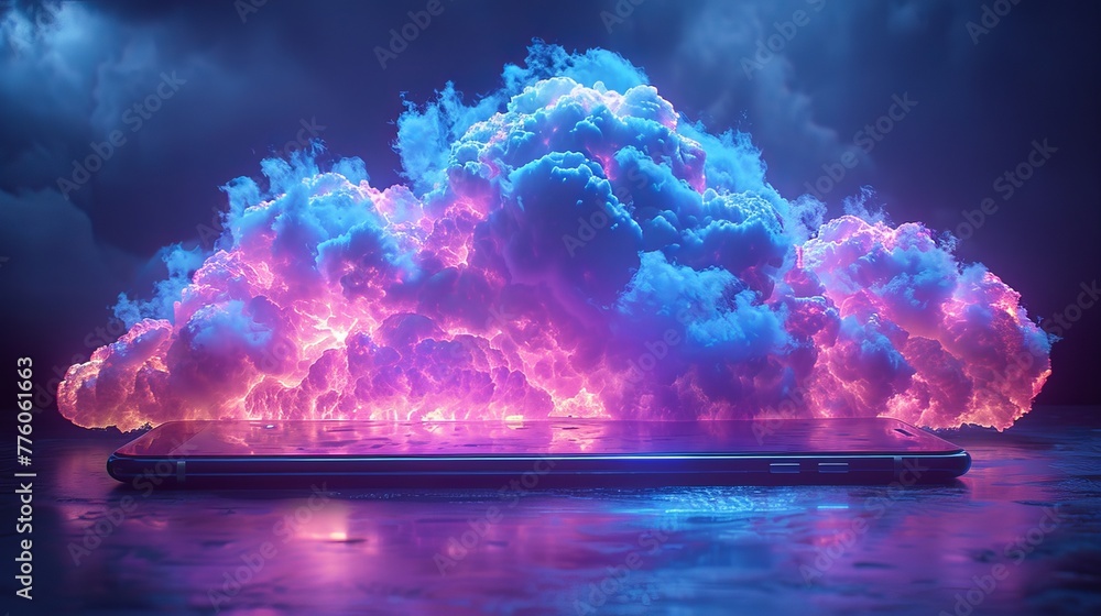 Poster An image of a cloud over a screen of a smart phone. The cloud computing background concept. Uploading information to the internet via your smartphone. Your smartphone synchronizes information with