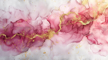 Abstract dusty blush liquid watercolor background with golden cracks and stains. Pastel pink marble alcohol ink drawing effect.