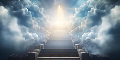 Conceptual Illustration of Stairway to Heaven: A Conception of Afterlife and Eternity - obrazy, fototapety, plakaty