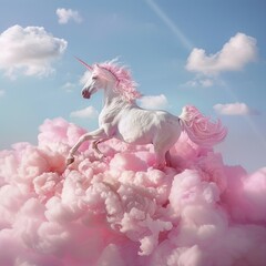 A white unicorn riding a pink candy cotton cloud