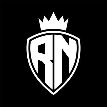 recommend clip art: RN Letter monogram shield and crown outline shape with black and white color design
