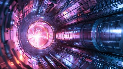 Fusion reactor core with magnetic confinement fields and plasma flows, illustrating clean and powerful energy generation , sci-fi tone, technology