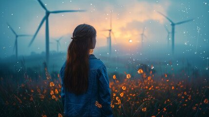A thoughtful woman stands in a field watching wind turbines against the backdrop of a captivating sunset. Clean Technology and environmental impact concept. - obrazy, fototapety, plakaty