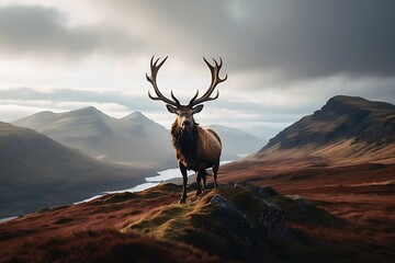 Majestic red deer stag standing on the top of mountain.