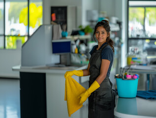 latina woman working, wearing gloves and uniform, cleaning service concept 
