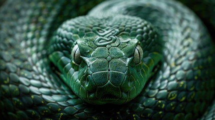 Fototapeta premium Close-up of the head of a poisonous snake Exotic dangerous reptile curled up looking at the camera