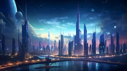 Futuristic city at night. Futuristic city panorama.