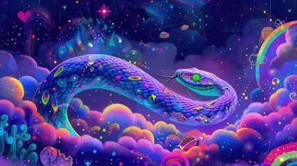 Foto auf Alu-Dibond Huge fantastic snake against the backdrop of a fabulous neon landscape © Boomanoid