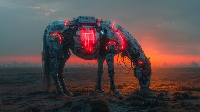 Desert robotic animal with silhouetted city on horizon. Sci-fi apocalyptic landscape with animal robots. Bionicle horse that has AI and a mechanical camel.