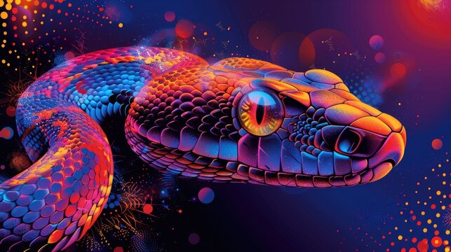 Psychedelic image of a snake in neon colors on a dark background Dangerous exotic reptile