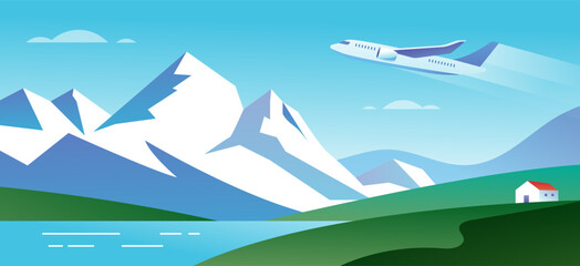 Beautiful abstract landscape with mountains, panoramic view illustration. Summer, nature, travel concept design with copy space. Vector illustration