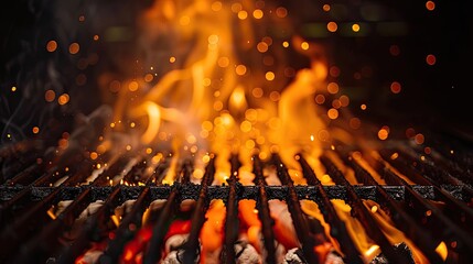 An up-close view of a grill flames and coals at night creating a mesmerizing and warm atmosphere - obrazy, fototapety, plakaty