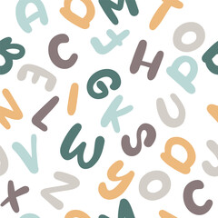 Abstract vector seamless pattern with alphabet. Cute doodle print for kids. For print, web, home decor, fashion, surface, graphic design. Vector illustration