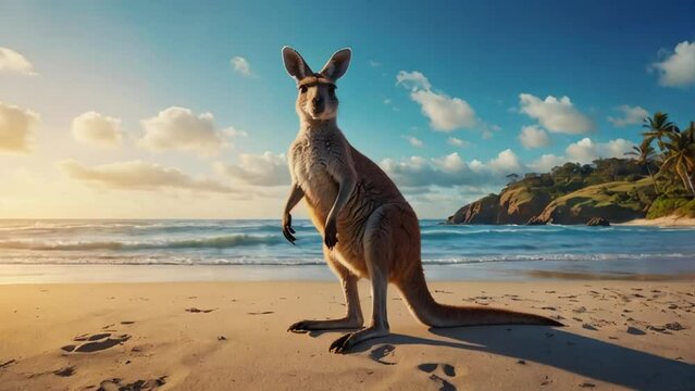 Cute kangaroo on the beach, ocean shore
