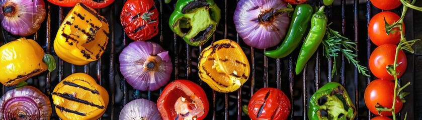 An overhead shot of a grill covered in colorful vegetables highlighting healthy grilling options - obrazy, fototapety, plakaty