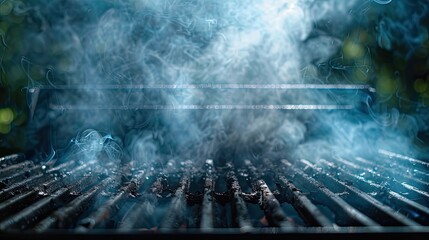 An artistic composition of smoke wafting from a grill with light filtering through to create patterns