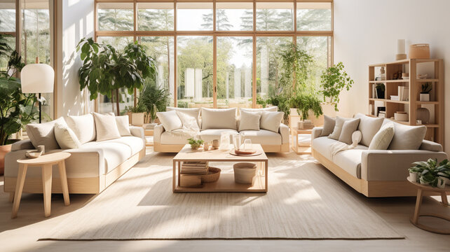 living room designed in Scandinavian minimalism, featuring light wood furniture and a white fabric sofa. The room is bathed in natural light