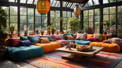living room in a Bohemian eclectic style, featuring furniture adorned with colorful patterned fabrics and surrounded by floor cushions - Powered by Adobe