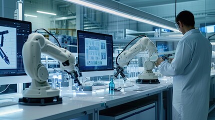 modern high-tech laboratory, people and robotic assistants work with chemical reagents, a robotic arm manipulator helps a scientist in research, medical development, robotics, AI generated