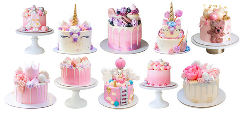 Ultimate set of different beautiful pastel pink modern cakes. Delicious and tender desserts for any occasions. PNG, copy spac