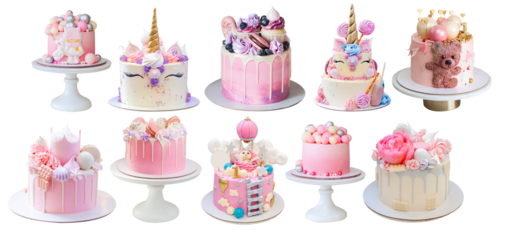 Ultimate set of different beautiful pastel pink modern cakes. Delicious and tender desserts for any occasions. PNG, copy spac