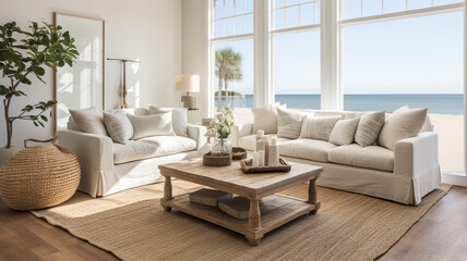 Fototapeta na wymiar living room designed as a coastal retreat, showcasing white wicker furniture complemented by light blue accents for a calm and beachy vibe.