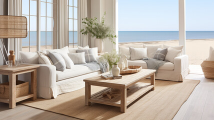 Fototapeta premium living room designed as a coastal retreat, showcasing white wicker furniture complemented by light blue accents for a calm and beachy vibe.