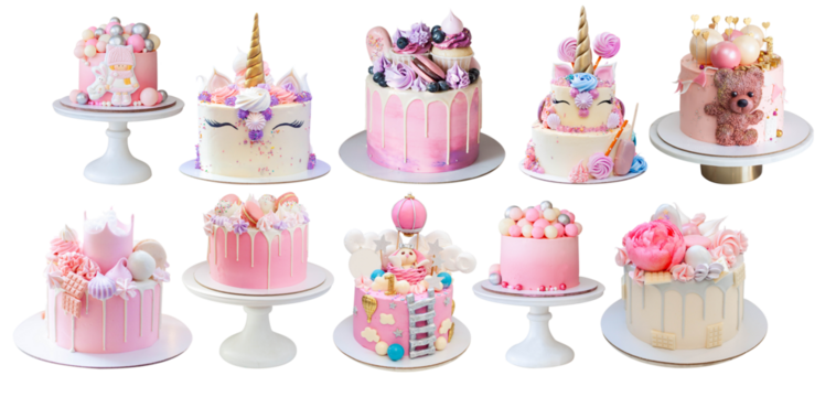 Ultimate set of different beautiful pastel pink modern cakes. Delicious and tender desserts for any occasions. PNG, copy spac