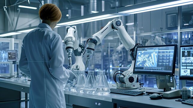 modern high-tech laboratory, people and robotic assistants work with chemical reagents, a robotic arm manipulator helps a scientist in research, medical development, robotics, AI generated