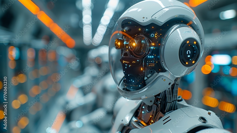 Poster A robot with artificial intelligence assembling on a factory floor. Industry 4.0 concept, automation manufacturing. Machines using artificial intelligence to work on a factory floor. Manufacturing