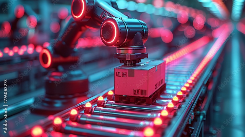 Poster A robot arm works on a smart warehouse. A robot arm places boxes on pallets. It automates logistics on smart products storage. An industry robot with artificial intelligence works on an industrial